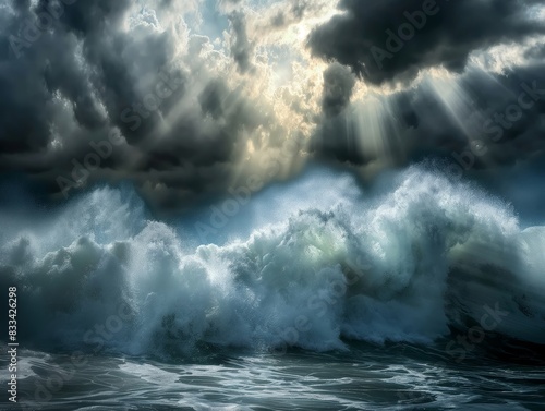 Powerful ocean waves crash under a dramatic sky with dark clouds and rays of sunlight breaking through