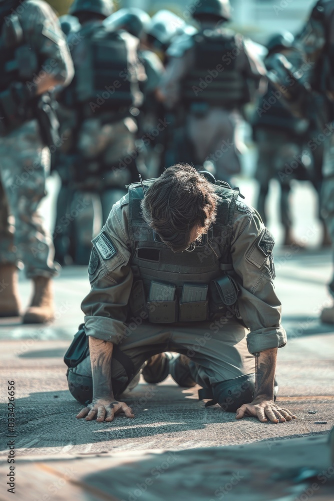 A soldier on his knees before a group of military personnel, likely in a position of submission or respect A soldier on his knees before a group of military personnel, likely in a position of submission or respect