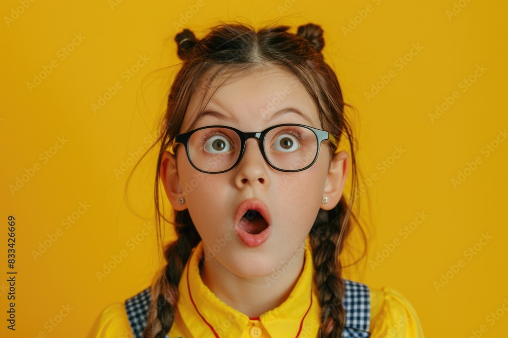 A young girl wearing glasses looks shocked or surprised A young girl wearing glasses looks shocked or surprised