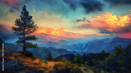 Mesmerizing Watercolor-like Landscape with Vibrant Sunset Sky and Rugged Mountain Foreground