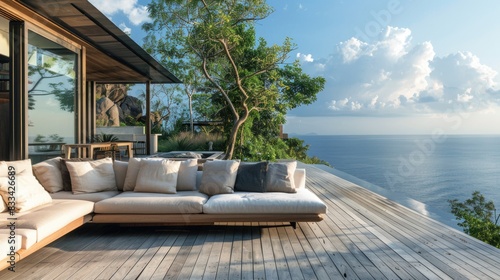 A Wooden Sofa with Pillows on the Terrace of a Modern Villa Overlooking the Sea 
