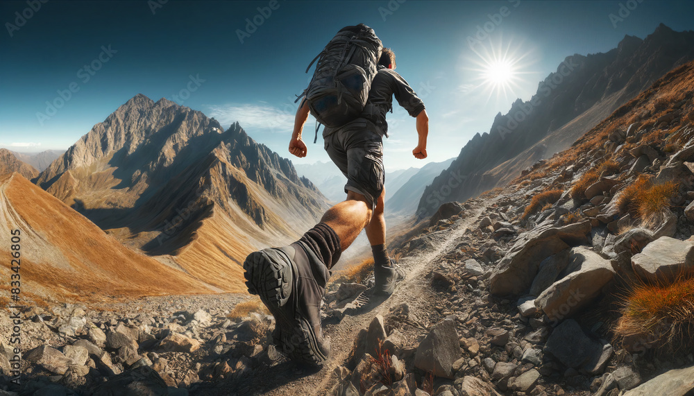 hiker with backpack walking outdoors in mountain