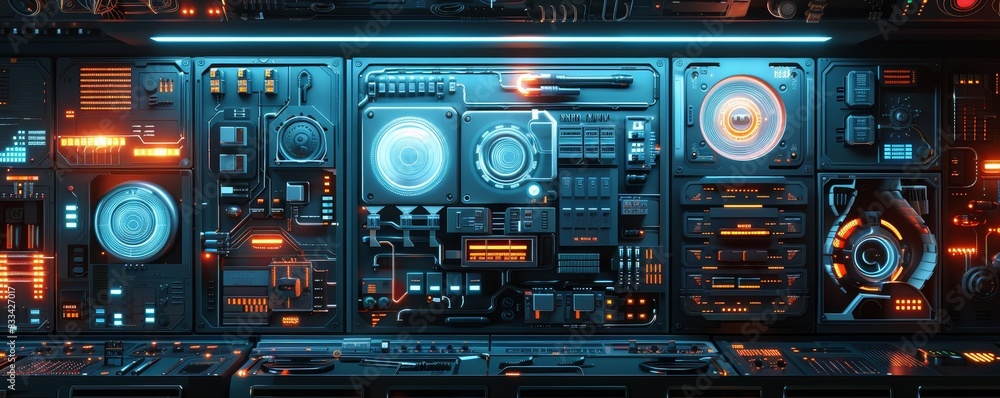 Futuristic control panel with glowing buttons and intricate technology, showcasing a sci-fi concept with advanced interfaces and high-tech elements. Futuristic control panel with glowing buttons and intricate technology, showcasing a sci-fi concept with advanced interfaces and high-tech elements.