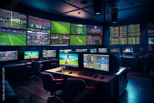 Fototapeta Naklejka Na Ścianę i Meble -  High-tech control room with multiple screens broadcasting various sports