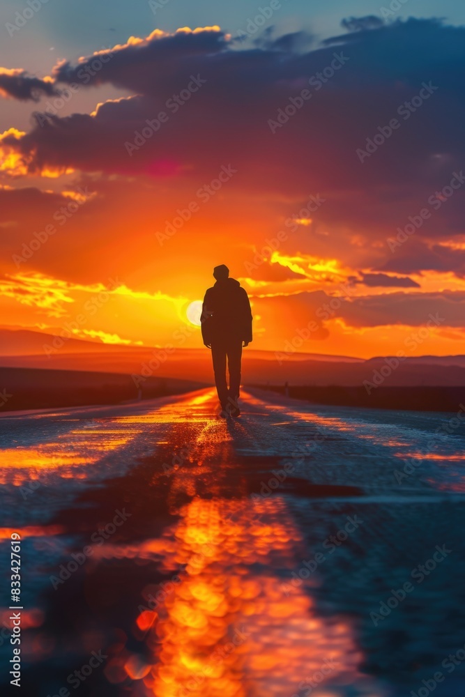 Fototapeta premium A person strolling along the coastline as the sun sets behind them, with warm light casting a golden glow
