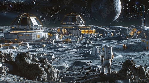 Futuristic lunar base with astronauts exploring the moon surface, advanced space colony with domes and moon landscape, depicting space exploration.