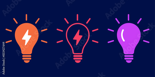 Set of stylized colored light bulbs. Idea for a collection of icon light bulbs. Flat style. The lines around each bulb indicate the light or energy coming from them. Stock vector illustration.