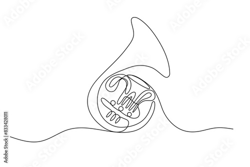 Musical tuba one line drawing, classic instrument. Continuous illustration. Vector outline sketch