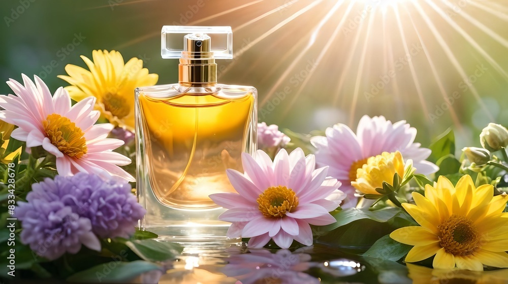 A bottle of perfume on a background of flowers, water and splashes. Sun rays A bottle of perfume on a background of flowers, water and splashes. Sun rays