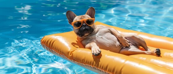 Funny animal summer holiday vacation travel photography banner background - French bulldog dog with sunglasses, lying on air mattress, relaxing chilling in the swimming pool water
