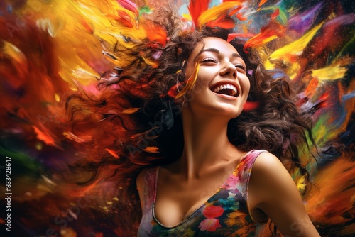 Happy young woman surrounded by a vibrant burst of paint splashes