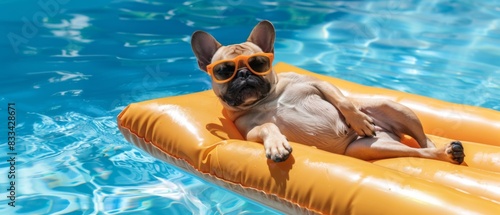 Funny animal summer holiday vacation travel photography banner background - French bulldog dog with sunglasses, lying on air mattress, relaxing chilling in the swimming pool water