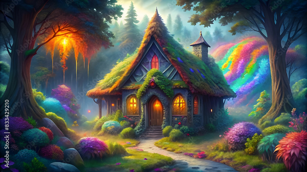 A detailed and whimsical illustration of a Dreamy house constructed entirely from soft, colorful feathers.