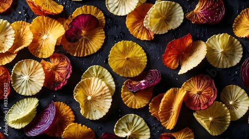 Vegetable chips on a black background, top view