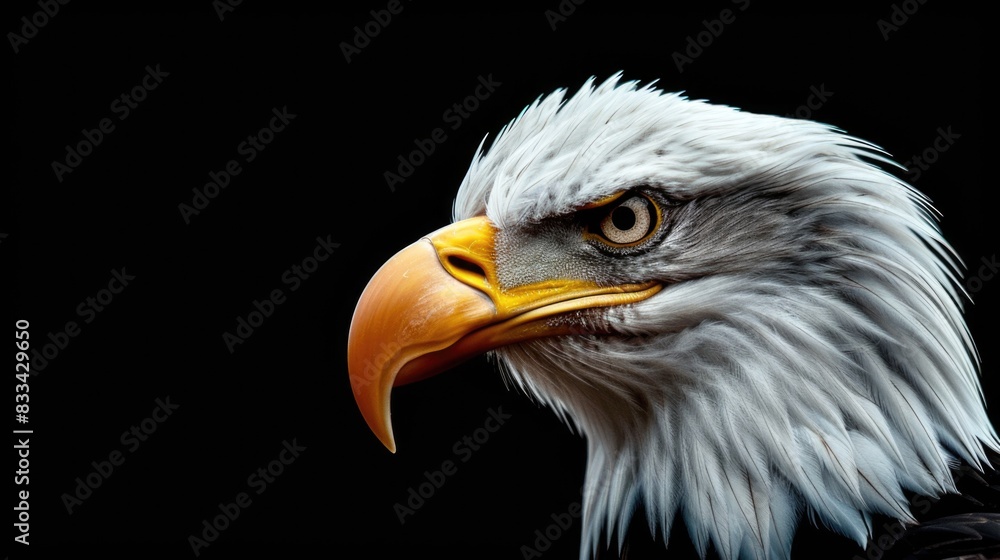 A close-up shot of an eagle's head against a dark, black background A close-up shot of an eagle's head against a dark, black background