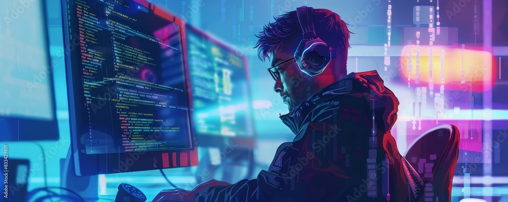 Programmer working on computer code with multiple monitors, neon lighting, and headphones, representing high-tech development and digital innovation. Programmer working on computer code with multiple monitors, neon lighting, and headphones, representing high-tech development and digital innovation.