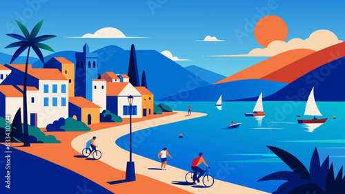 Idyllic Seaside Town at Sunset with Active People and Sailboats