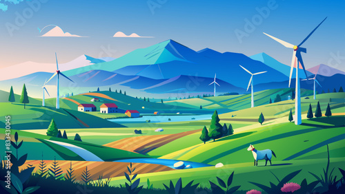 Idyllic Countryside Landscape with Wind Turbines and Farm