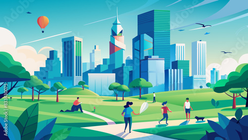 Vibrant Urban Park Scene with Active City Dwellers and Skyscrapers