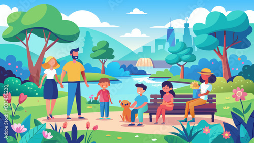 Colorful Family Picnic in Lush Urban Park Illustration