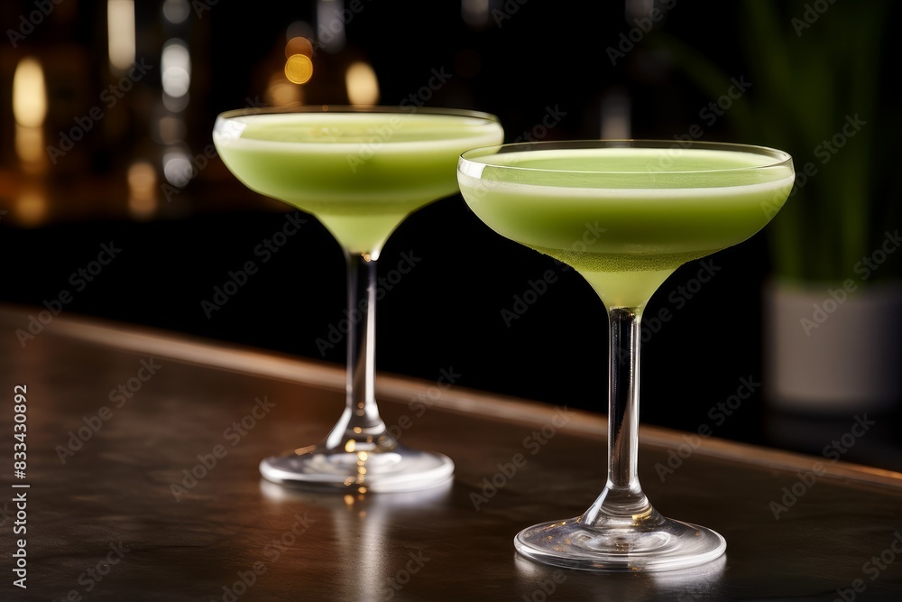 Matcha martini in glasses on the table in the bar. A trendy drink. Matcha martini in glasses on the table in the bar. A trendy drink.