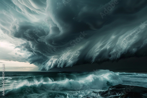 A mesmerizing display of nature's fury as storm clouds cast eerie shadows over the restless ocean waves. photo