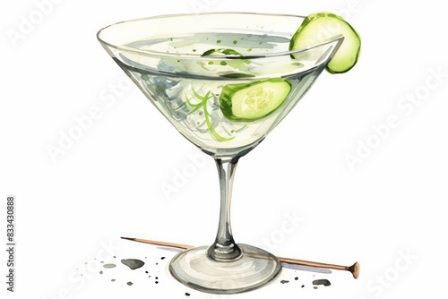 Martini with pickled cucumber in a glass on a white isolated background, watercolor illustration. A trendy cocktail. 