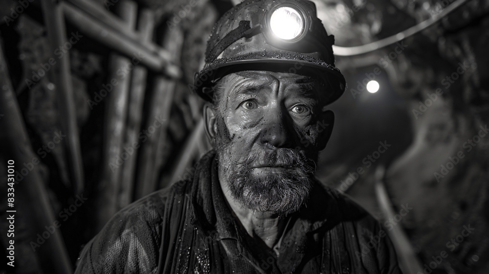 A man in a black and white photo is wearing a hard hat and is standing in a dark tunnel A man in a black and white photo is wearing a hard hat and is standing in a dark tunnel