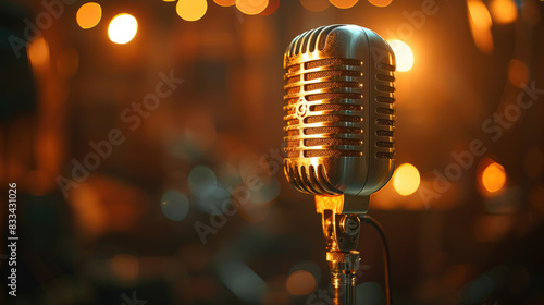 Vintage metal microphone on abstract blurred background, left free space for text. Retro microphone on stage with bokeh light