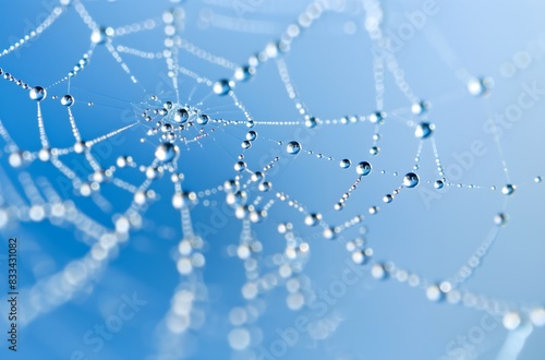 Dlicate spider web covered dewdrops soft blue sky ethereal dreamy background Spiderweb and Dewdrops Concept photo