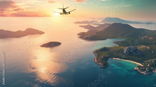 scenic view of an aircraft flying over picturesque islands and sea during a summer sunrise photo