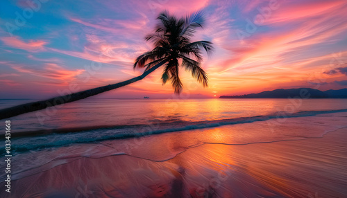 shadow of a palm tree in a beautiful sunset on a beach with a perfect sky