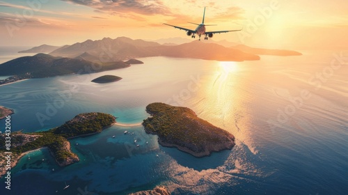 scenic view of an aircraft flying over picturesque islands and sea during a summer sunrise photo