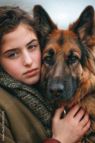Young girl cuddling a dog, a heartwarming moment of human-animal bond © Ева Поликарпова
