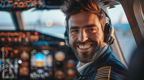 Portrait of smiling pilot in airplane cockpit. photo