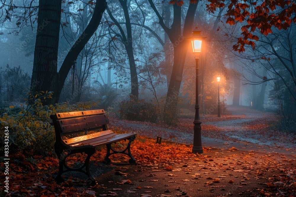 A park bench surrounded by fog, perfect for a quiet moment or contemplation