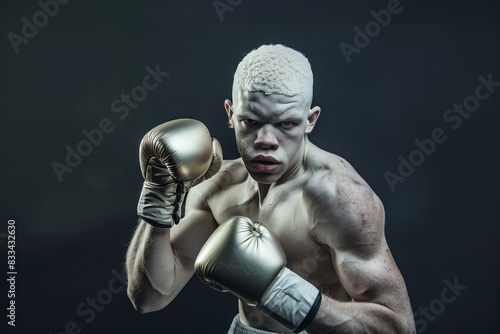 Albinos boxer. Close-up portrait of a professional albinos boxer. Professional boxing. Boxer ready to punch. Cinematic boxing. Boxer in action. Fitness and boxing concept.  photo