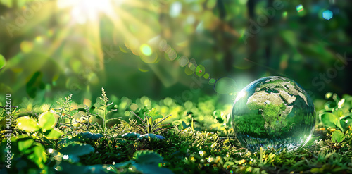 glass word on the green ground with sun rays 