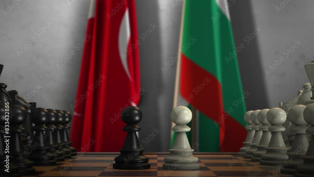 Bulgaria and Turkey National Flags with Chess Board Animation. Politics of Government or Conflict Bulgaria and Turkey National Flags with Chess Board Animation. Politics of Government or Conflict