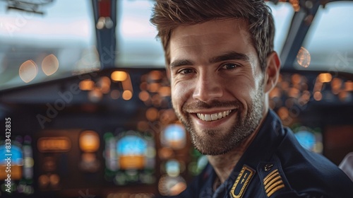 Portrait of smiling pilot in airplane cockpit. photo