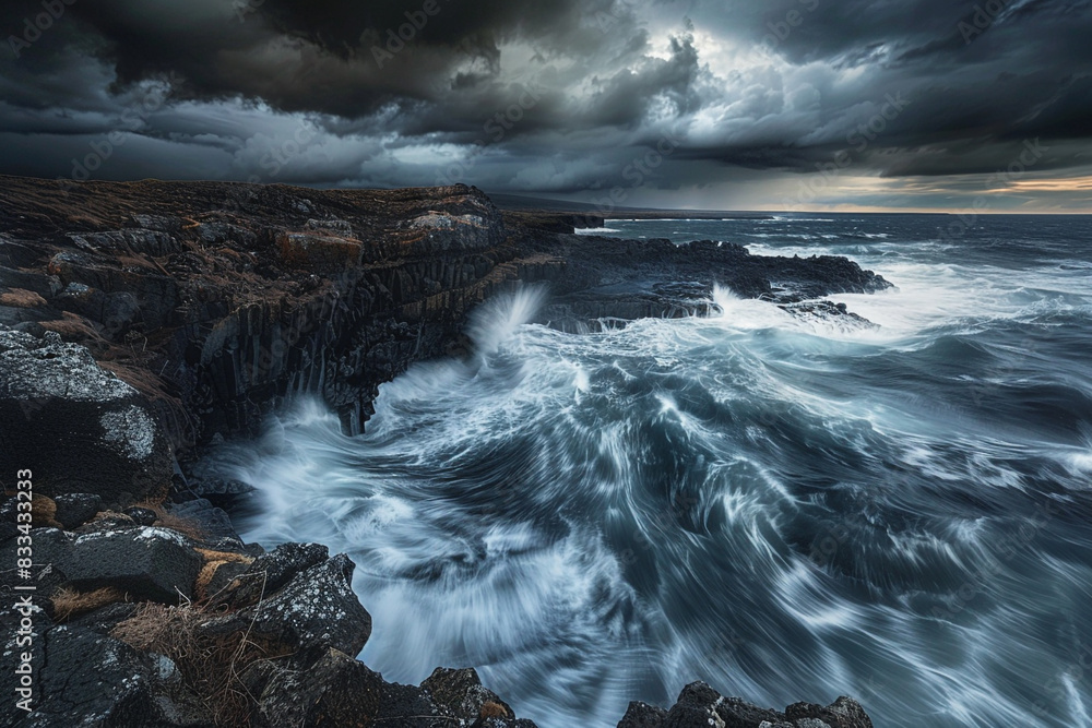 The sea rages against the rocky cliffs, its relentless fury matched only by the brooding storm clouds gathering overhead. The sea rages against the rocky cliffs, its relentless fury matched only by the brooding storm clouds gathering overhead.