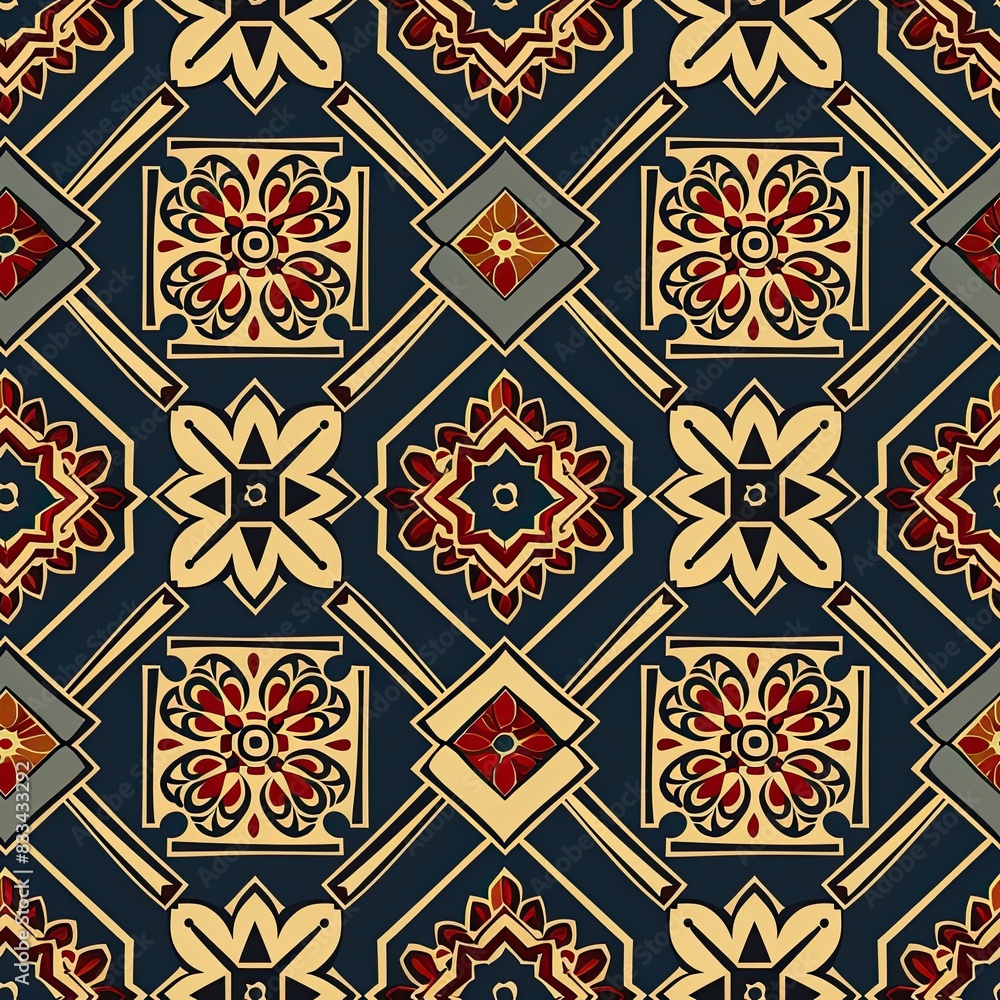 a image of a blue and red tile pattern with a flower a image of a blue and red tile pattern with a flower
