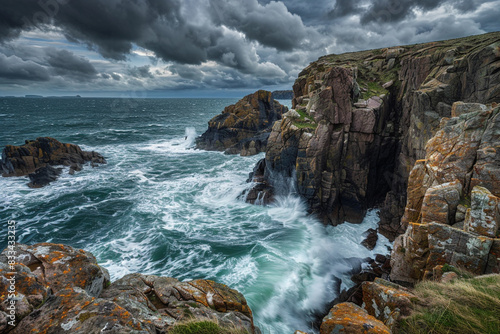 The sea rages against the rocky cliffs, its relentless fury matched only by the brooding storm clouds gathering overhead.