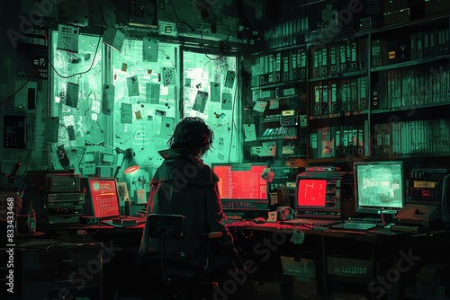 A lone hacker works in a dimly lit room, surrounded by monitors and data, the glow of the screen illuminating their face.