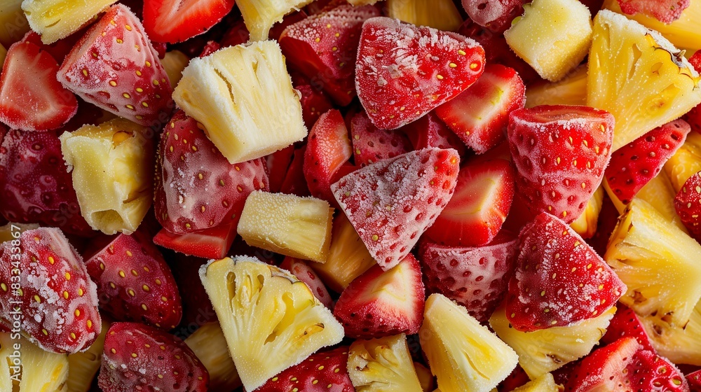 Mixed Frozen Strawberry and Pineapple Pieces Captured from a Top View Mixed Frozen Strawberry and Pineapple Pieces Captured from a Top View