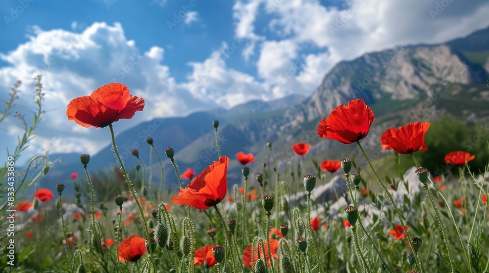 Obraz premium Poppies blooming in natural setting against mountain backdrop on a sunny day in summer