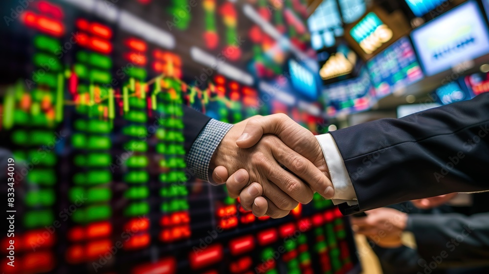 Professional Handshake in Front of Stock Market Graphs and Financial Data Professional Handshake in Front of Stock Market Graphs and Financial Data