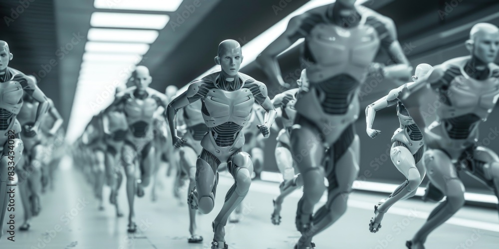 A group of robots moving down a hallway A group of robots moving down a hallway