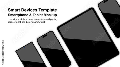 Modern tablet computer and smartphone mockups, with front views of realistic smart mobile phones and touchpad mockups isolated on a white background. Pad, slate, and phone device mockups. Vector.
