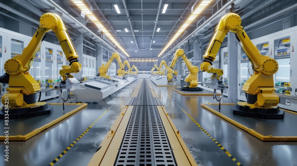 Advanced High Precision Robot Arms Inside Modern Electronics Factory
